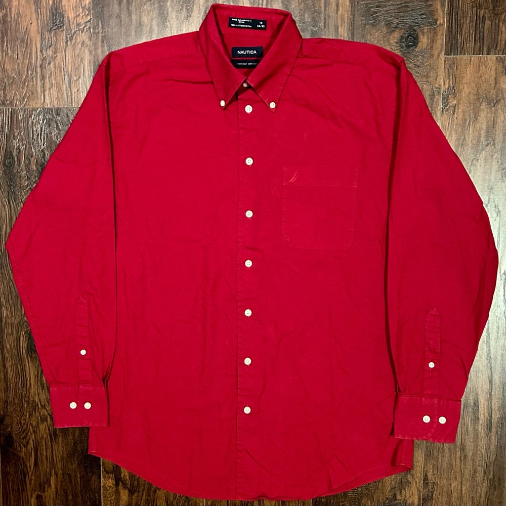 Nautica Vintage Oxford Button Down Long Sleeve Dress Shirt Red